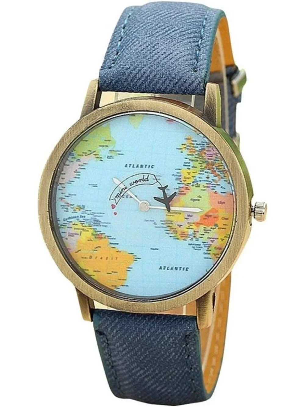 Unisex Blue Quartz Leather Band Retro Bronze Case Global Travel World Map Watch